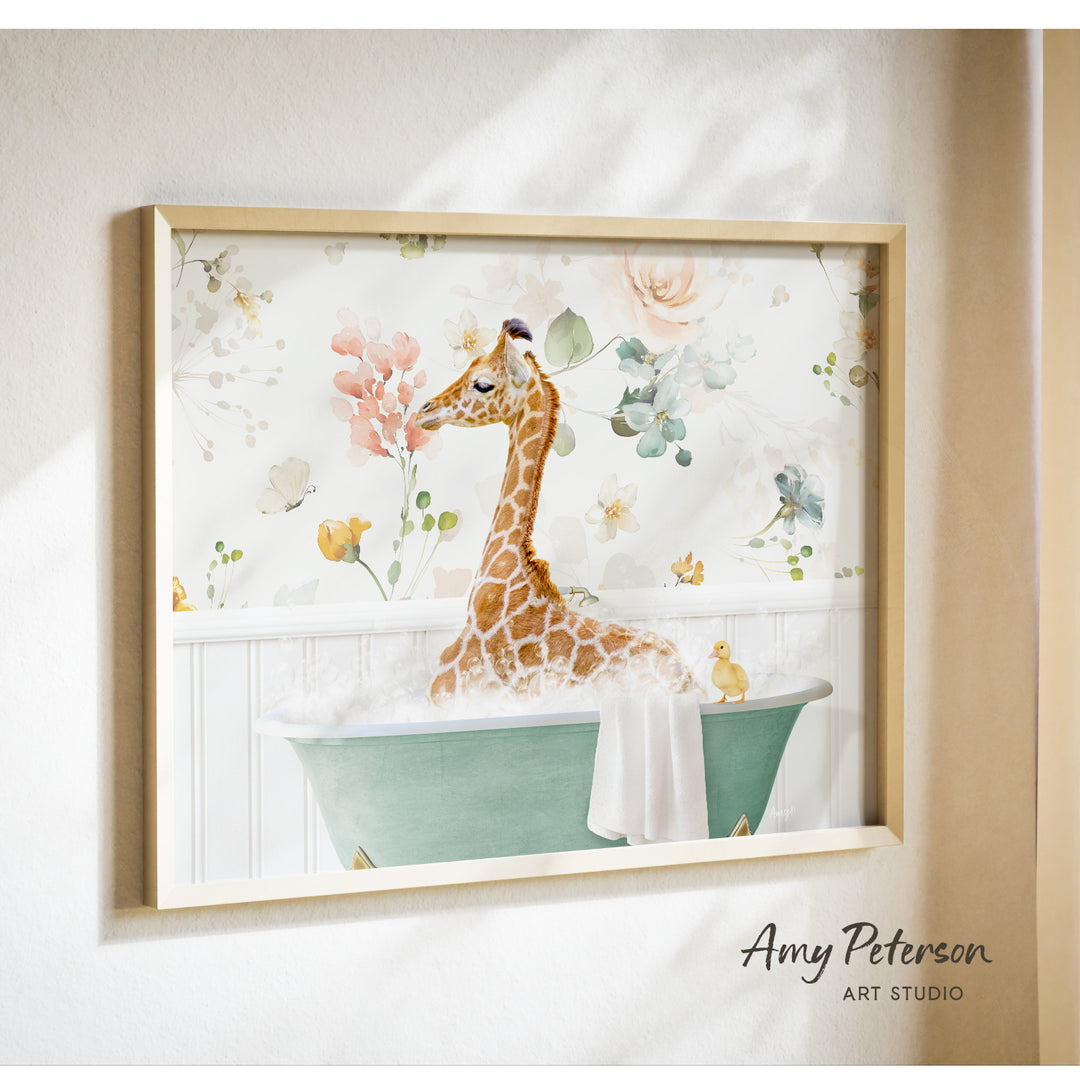 A giraffe sitting in a green bathtub filled with bubbles, surrounded by a floral pattern.