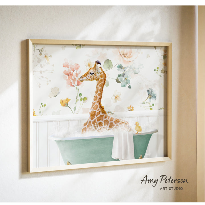 A giraffe sitting in a green bathtub filled with bubbles, surrounded by a floral pattern.
