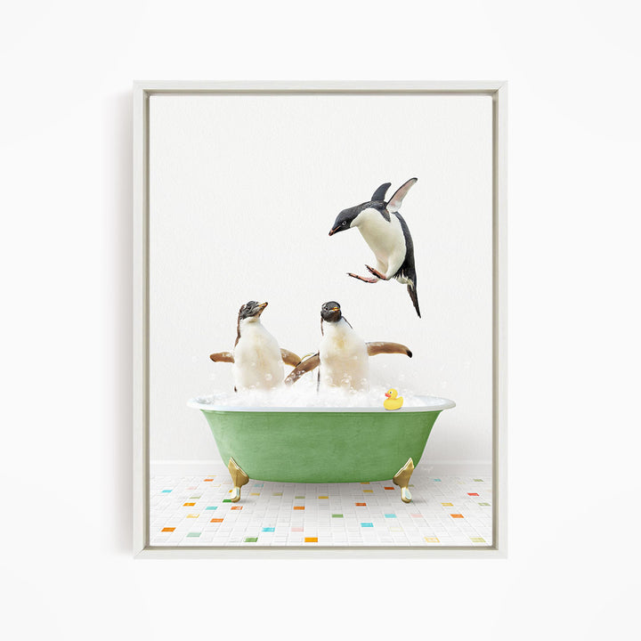 A framed image depicting two penguins sitting in a green bathtub, with one penguin flying towards the other penguin.