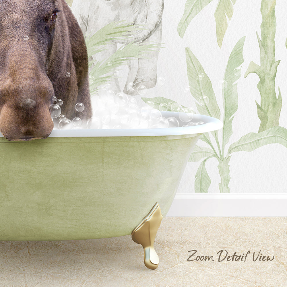 A dog is sitting in a green bathtub filled with bubbles, with a tropical plant wallpaper in the background.