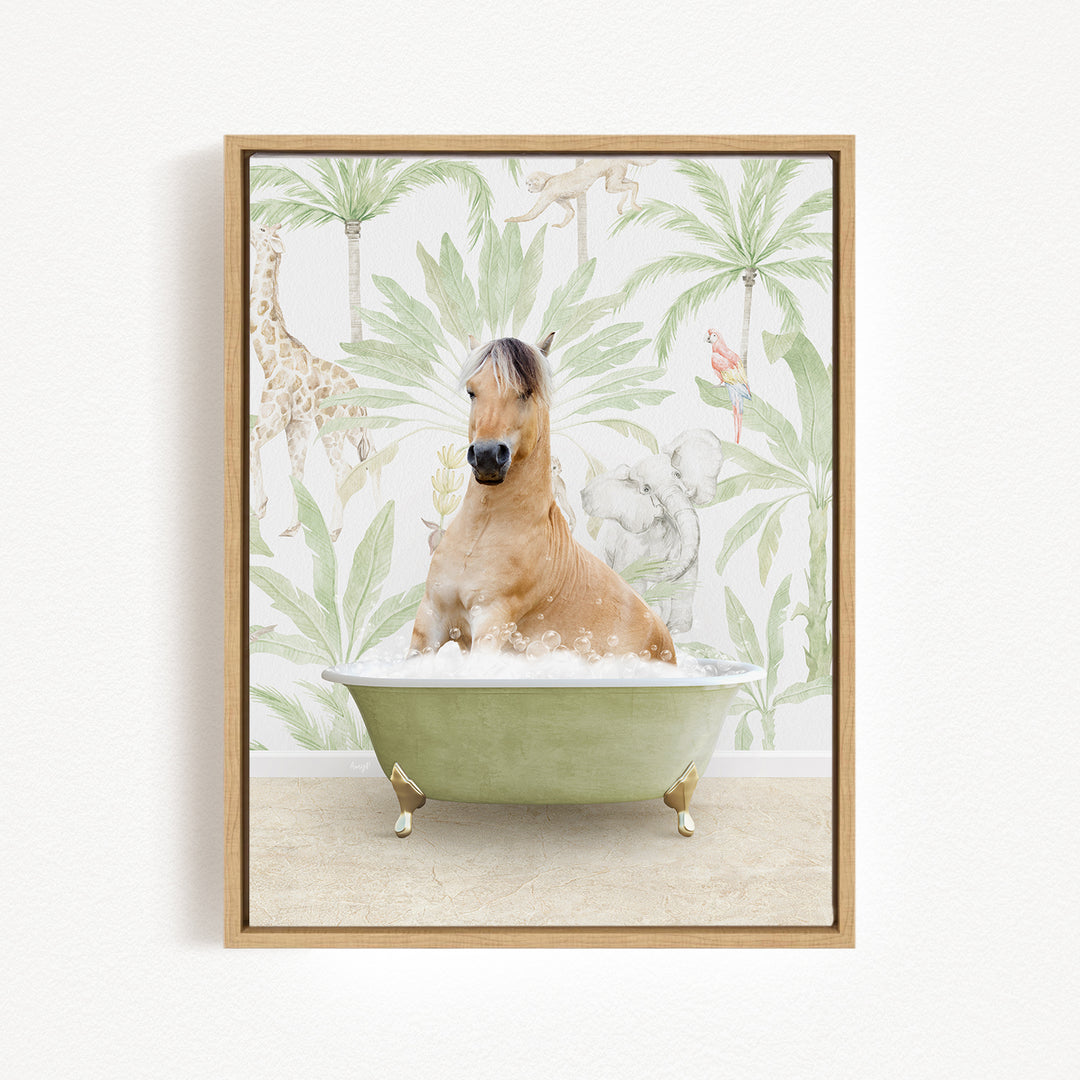 A horse is sitting in a green bathtub filled with bubbles, surrounded by tropical foliage and animals.