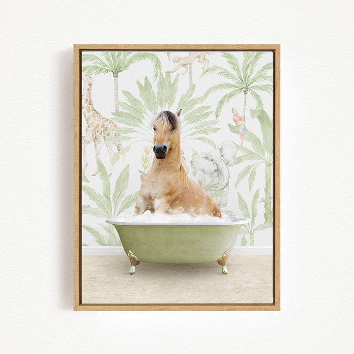 A horse is sitting in a green bathtub filled with bubbles, surrounded by tropical foliage and animals.