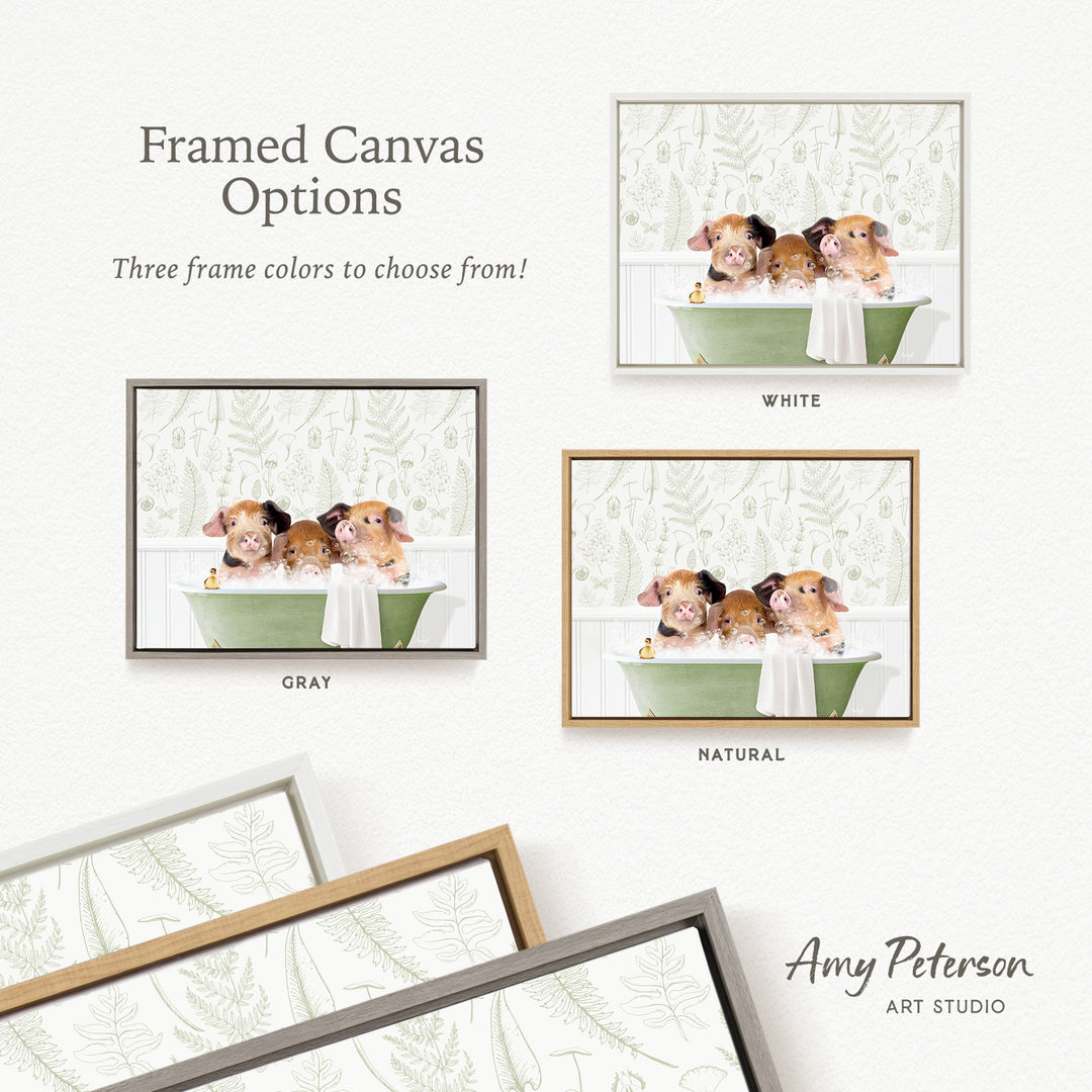 The image is a framed canvas with three different options for frame colors: white, gray, and natural. The canvas features illustrations of three adorable puppies sitting in a bathtub, with each frame showcasing a different color.