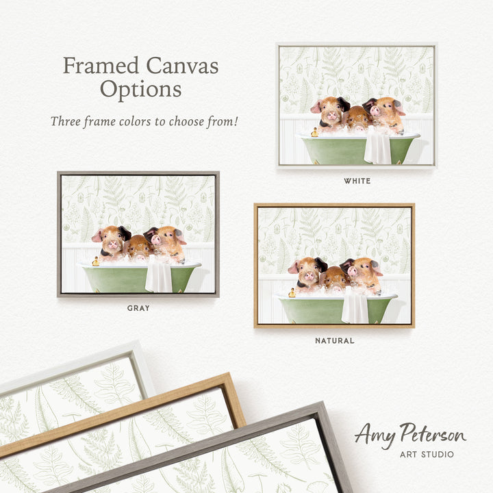 The image is a framed canvas with three different options for frame colors: white, gray, and natural. The canvas features illustrations of three adorable puppies sitting in a bathtub, with each frame showcasing a different color.