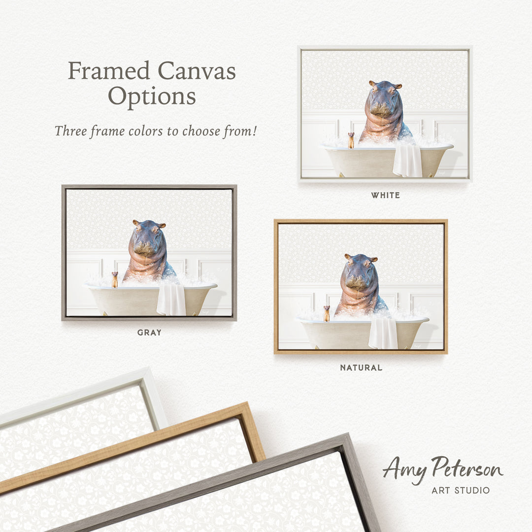 The image is a framed canvas with three different frame options for a picture of a hippopotamus sitting in a bathtub.