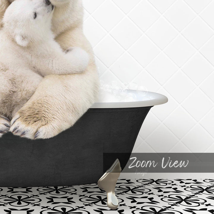 A polar bear sitting in a bathtub, with another polar bear sitting on top of it.