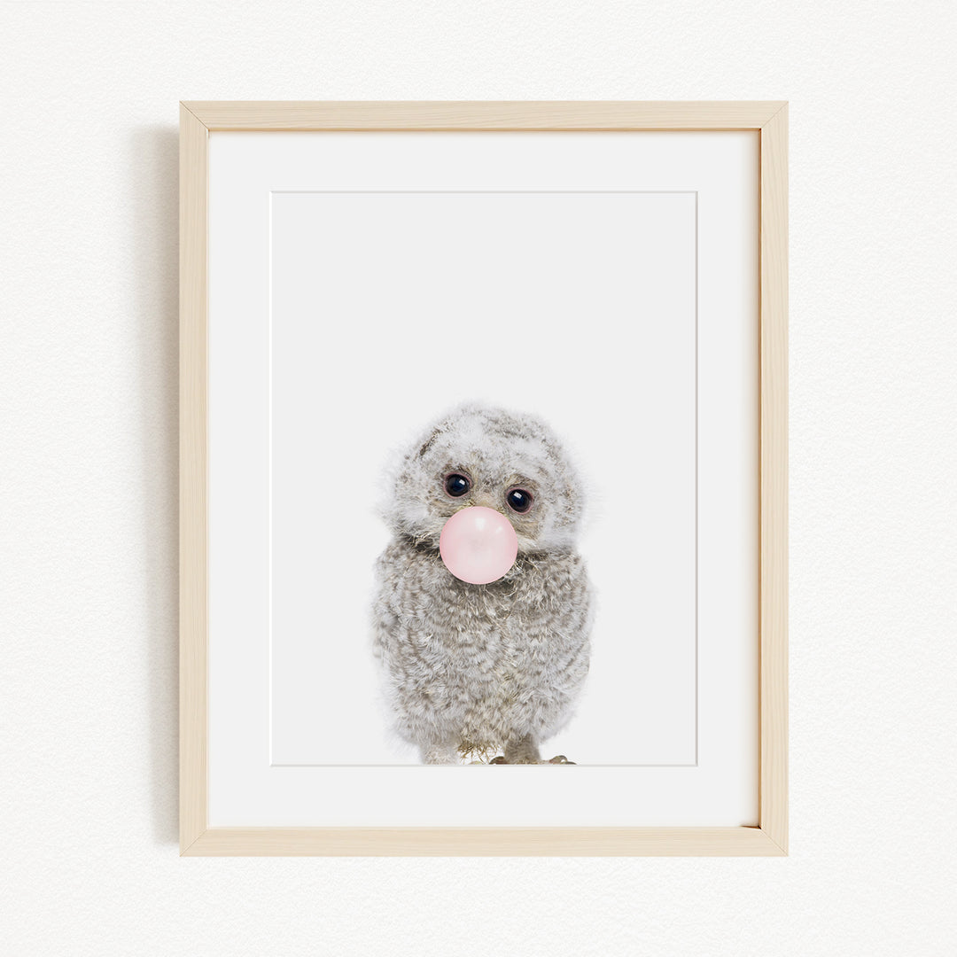 A cute gray owl with large eyes is blowing a bubble with a pink bubble gum bubble wand.
