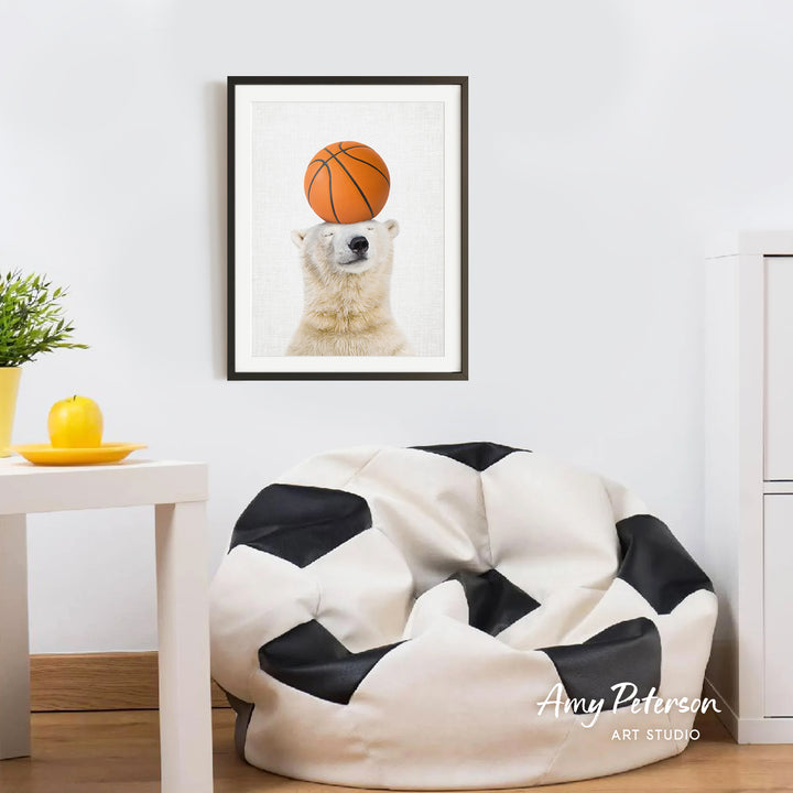 a polar bear balancing a basketball on its head, with a framed picture of the polar bear above a white bean bag chair in the foreground.
