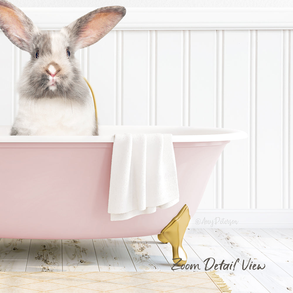 A fluffy gray and white rabbit sits in a pink bathtub, with a white towel and gold bathtub stopper nearby.