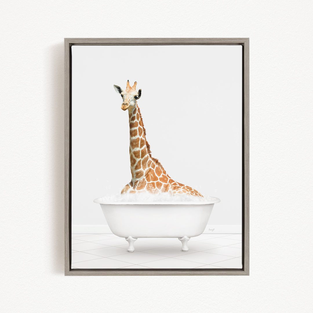 A giraffe sitting in a white bathtub filled with bubbles.
