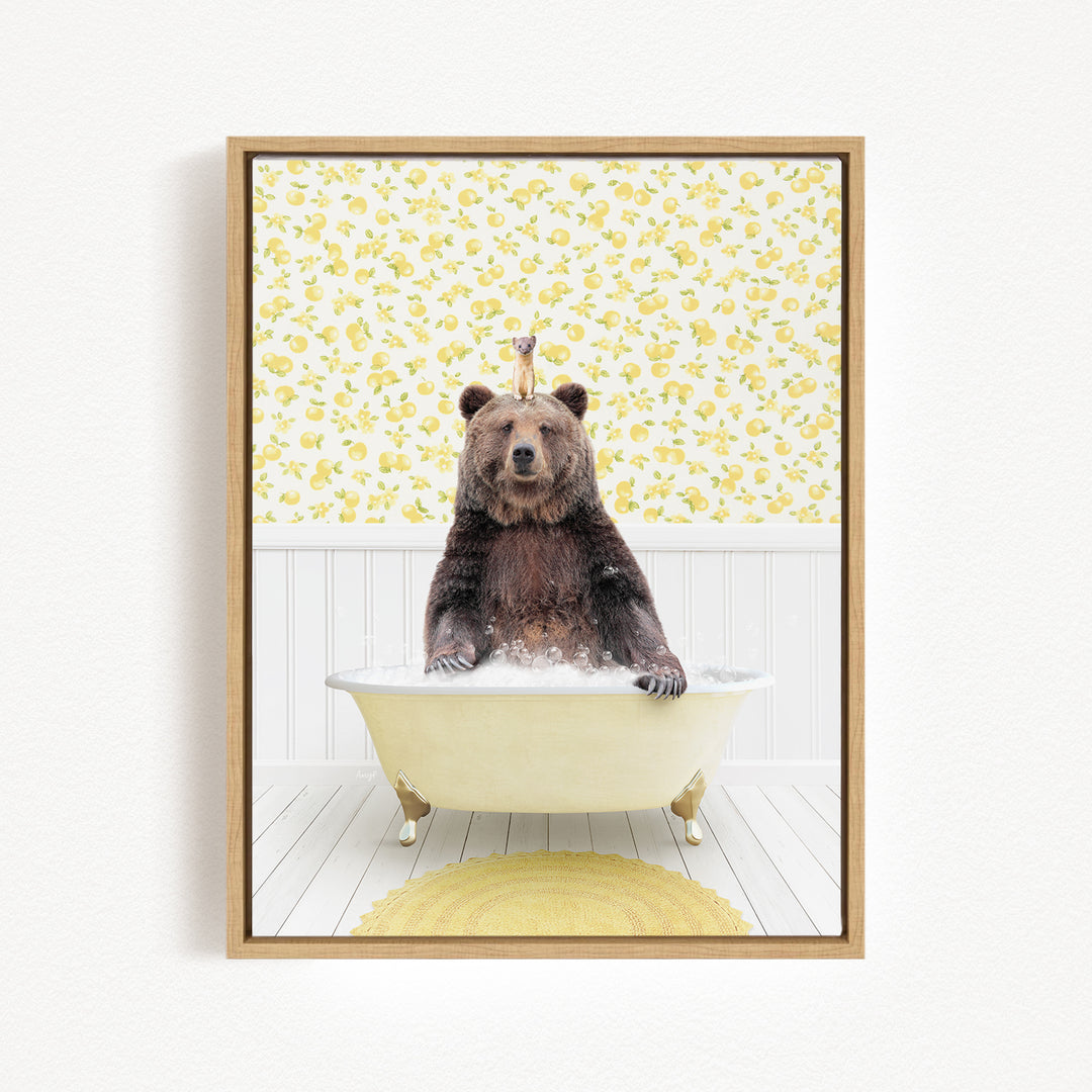 A brown bear sitting in a white bathtub filled with bubbles, surrounded by a yellow floral patterned wall.