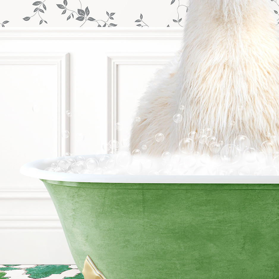 a white dog sitting in a green bath tub