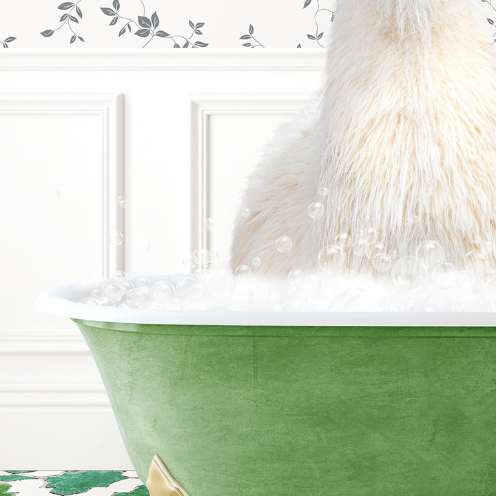 a white dog sitting in a green bath tub