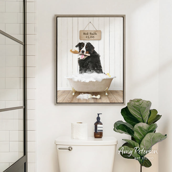 A framed image of a dog sitting in a bathtub, with a sign above it that says "Hot Bath is $5.00".