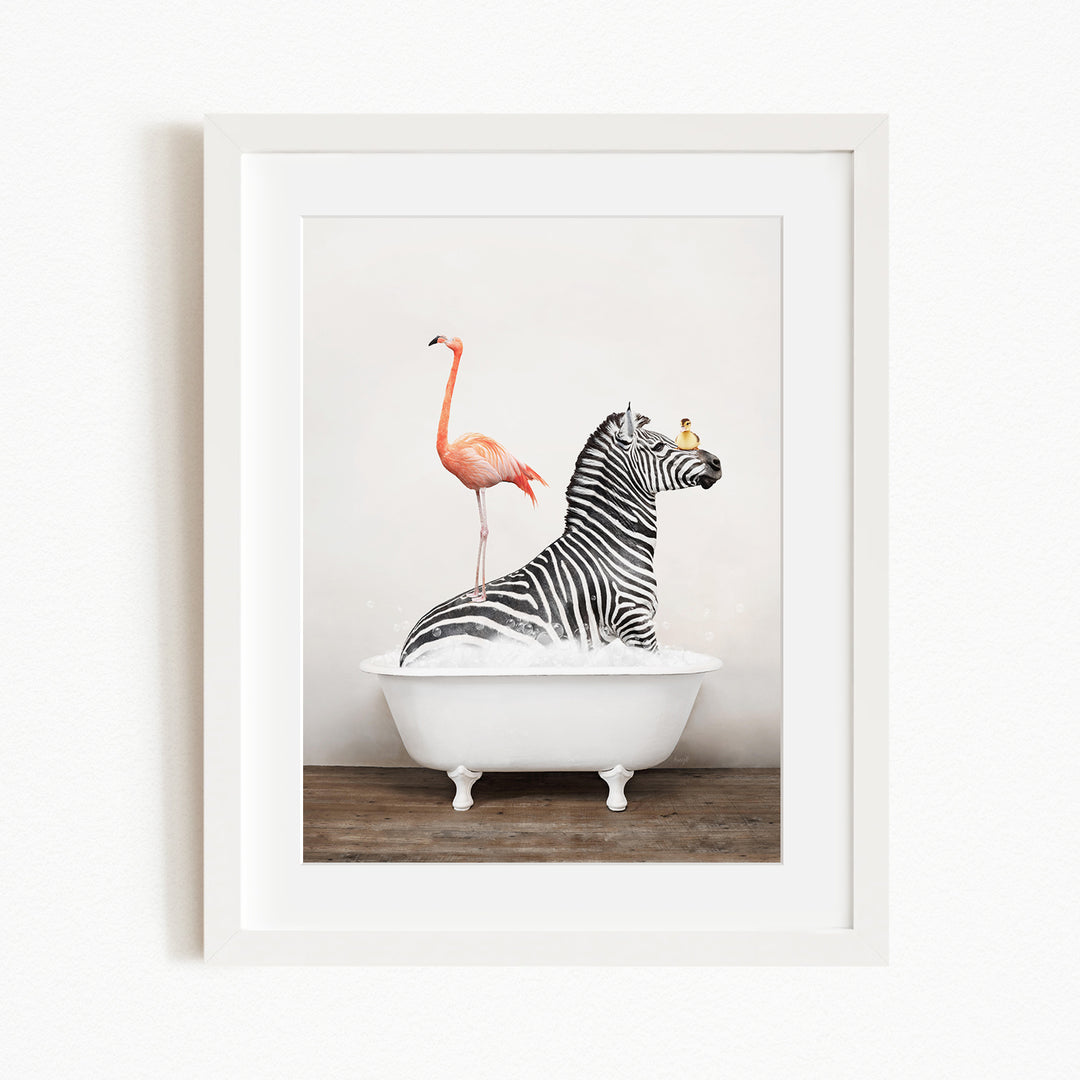 A zebra is sitting in a white bathtub, with a pink flamingo standing on its back and a bird perched on its head.