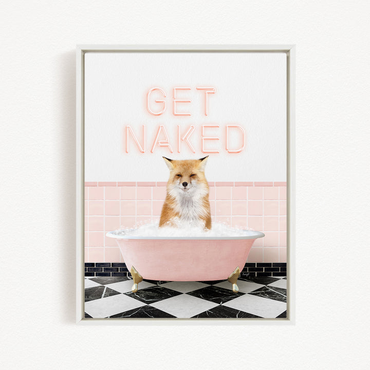 A fox sitting in a pink bathtub with the text "GET NAKED" displayed above it.