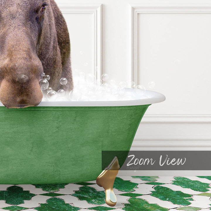 A close-up of a dog's head peeking out of a green bathtub filled with bubbles, with a text overlay that reads "Zoom View".
