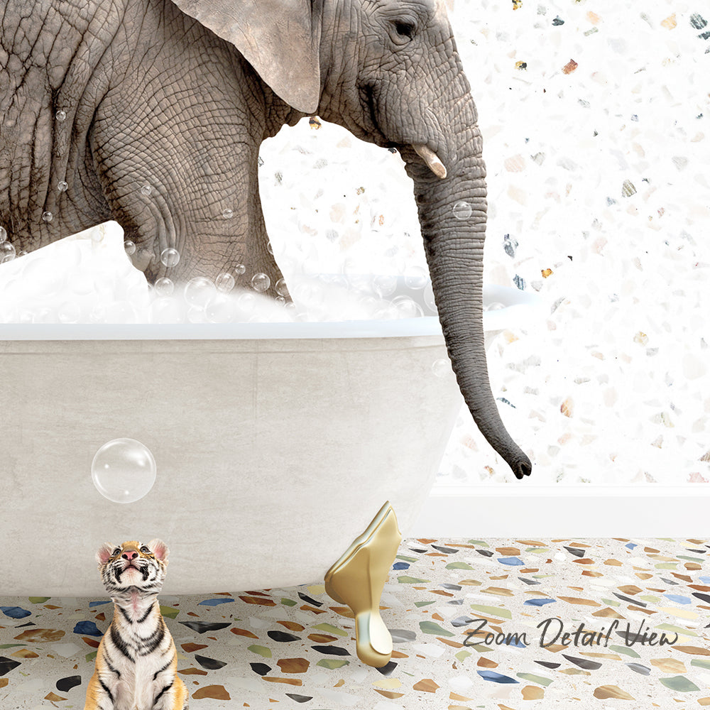 An elephant is bathing in a bathtub, while a tiger stands nearby, both in a whimsical and surreal setting.