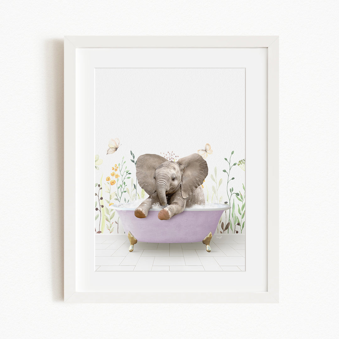 A baby elephant sitting in a pink bathtub, surrounded by flowers and butterflies.