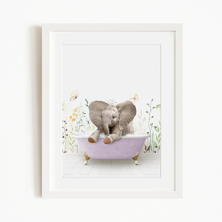 A baby elephant sitting in a pink bathtub, surrounded by flowers and butterflies.