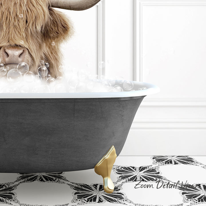 A close-up of a cow's head submerged in a bathtub filled with bubbles, with a gold faucet and gold-colored bathtub leg visible.