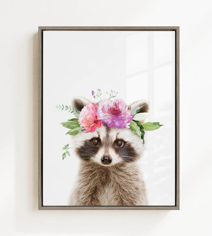A raccoon wearing a floral crown on its head, with pink and purple flowers and green leaves adorning its head.
