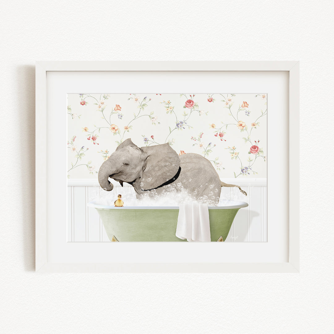 A gray elephant is sitting in a green bathtub, surrounded by a floral patterned wall.