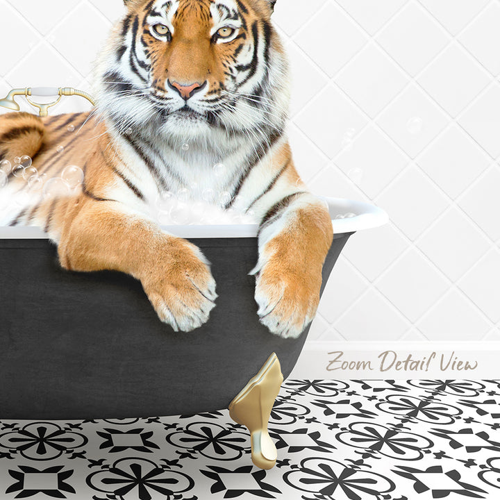 A tiger is sitting in a bathtub filled with water, surrounded by bubbles, with a patterned floor in the background.