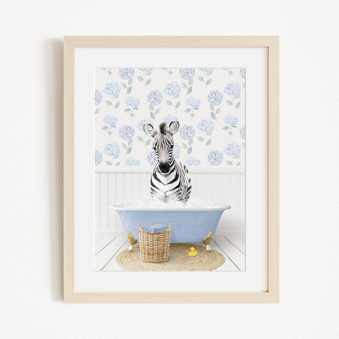 A zebra sitting in a blue bathtub filled with water, surrounded by a floral patterned wall and a basket of rubber ducks.