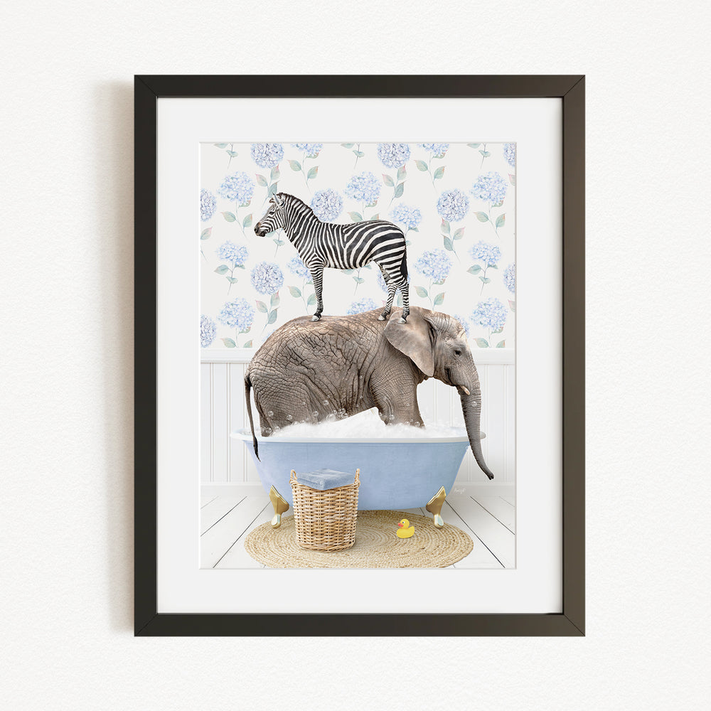 A zebra stands on the back of an elephant, both in a blue bathtub, with a basket of rubber ducks nearby.