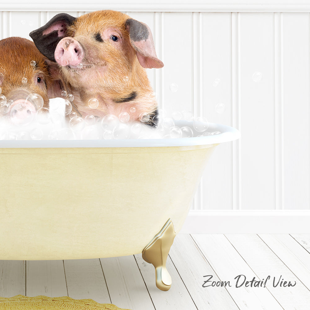 A pair of adorable pigs enjoying a relaxing bath in a yellow bathtub.
