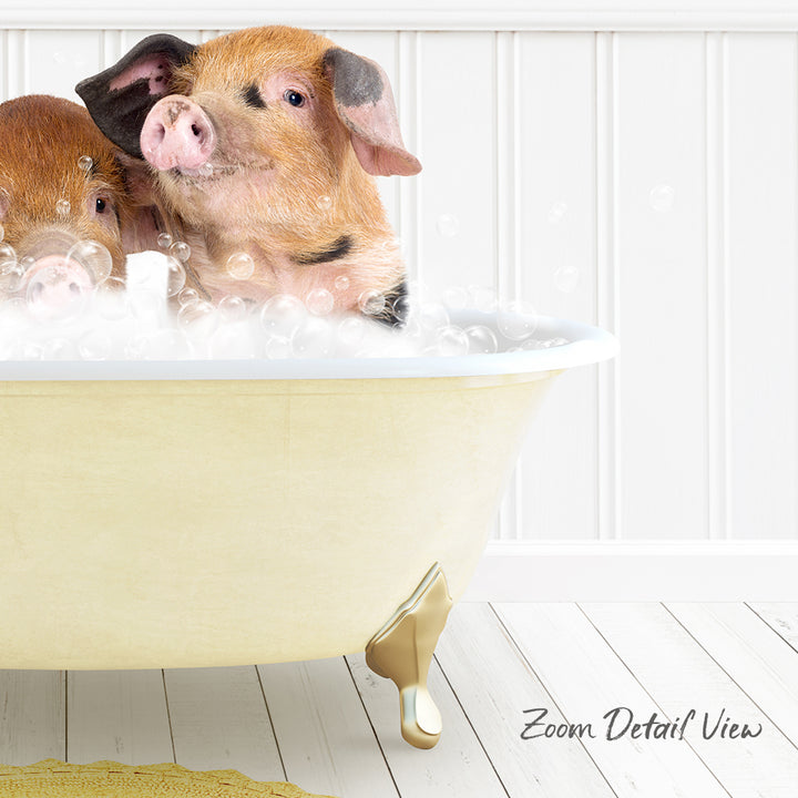 A pair of adorable pigs enjoying a relaxing bath in a yellow bathtub.