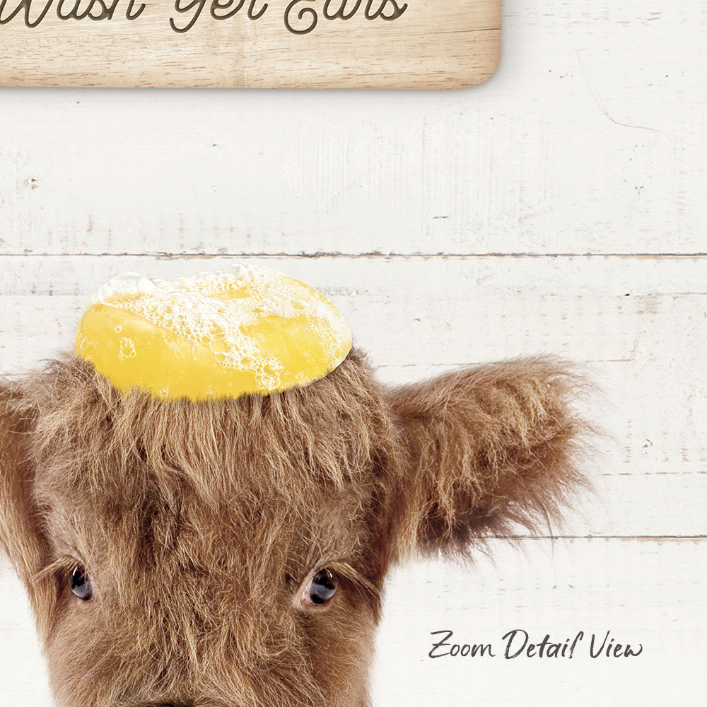 A close-up of a cow's head with a yellow object on its head, against a white background.