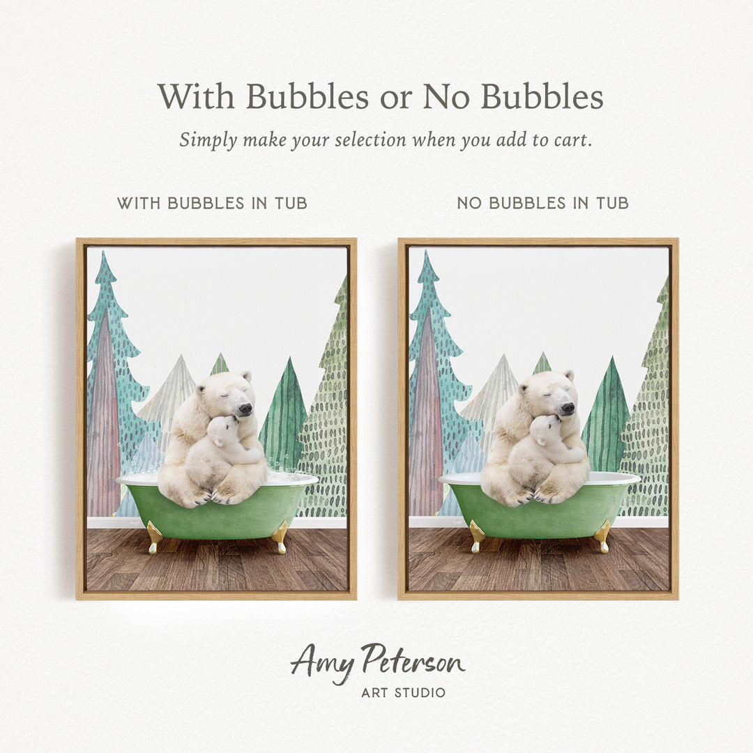 The image is a collage of two pictures featuring polar bears sitting in bathtubs. The first image shows a polar bear sitting in a green bathtub, while the second image shows a polar bear sitting in a bathtub without bubbles. The text above the images reads "With Bubbles or No Bubbles Simply make your selection when you add to cart."