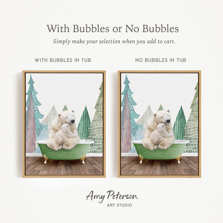 The image is a collage of two pictures featuring polar bears sitting in bathtubs. The first image shows a polar bear sitting in a green bathtub, while the second image shows a polar bear sitting in a bathtub without bubbles. The text above the images reads "With Bubbles or No Bubbles Simply make your selection when you add to cart."