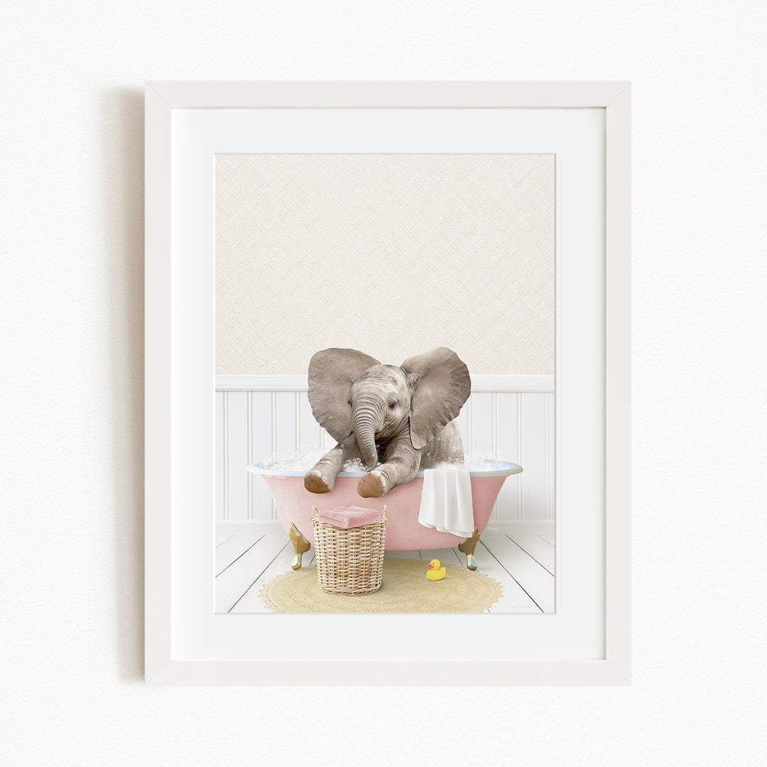 A baby elephant sitting in a pink bathtub, surrounded by yellow rubber ducks.