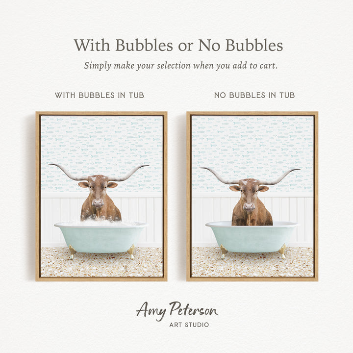The image is a collage of two framed pictures, each depicting a bull in a bathtub. The bull in the first picture has bubbles in the tub, while the bull in the second picture does not have bubbles. The collage is titled "With Bubbles or No Bubbles" and is created by Amy Peterson from Art Studio.