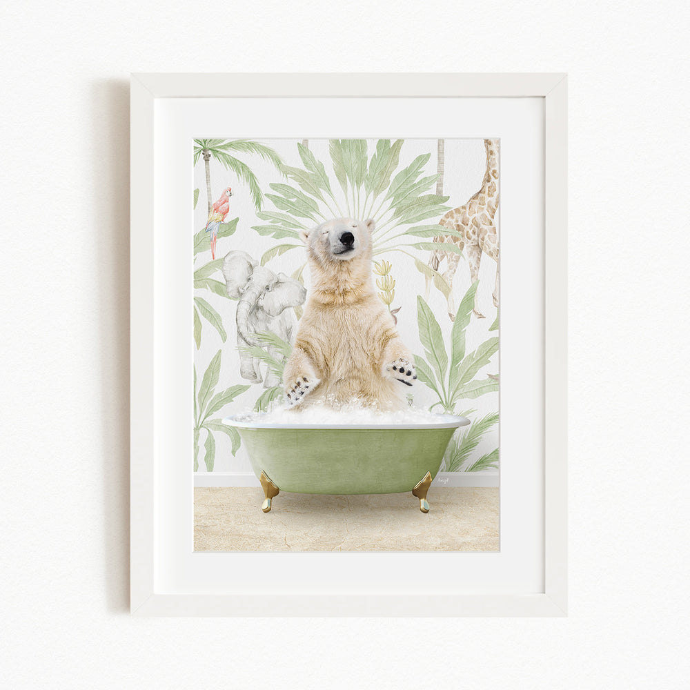 A polar bear is sitting in a green bathtub, surrounded by tropical plants and animals, creating a whimsical and playful scene.