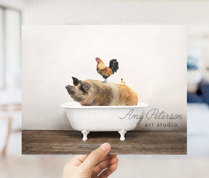 a person holding up a card with a picture of a dog in a bathtub