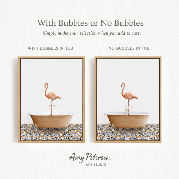 The image is a framed print featuring a flamingo standing in a bathtub with bubbles, and another flamingo standing in a bathtub without bubbles.