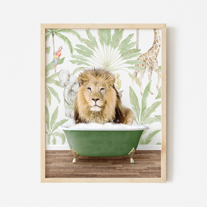 a picture of a lion sitting in a bathtub