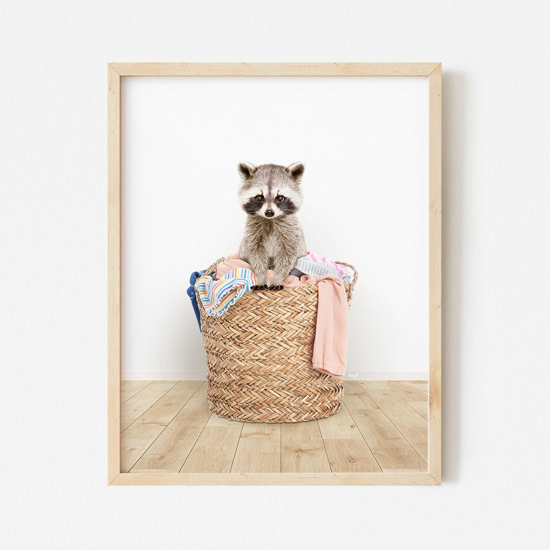 a raccoon is sitting in a basket with clothes