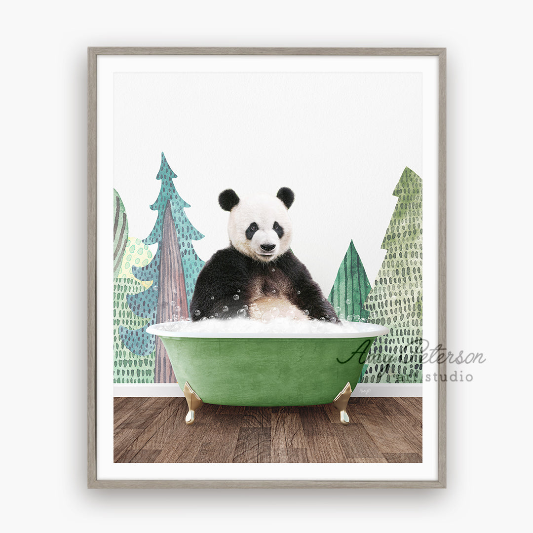 a panda bear sitting in a green bath tub