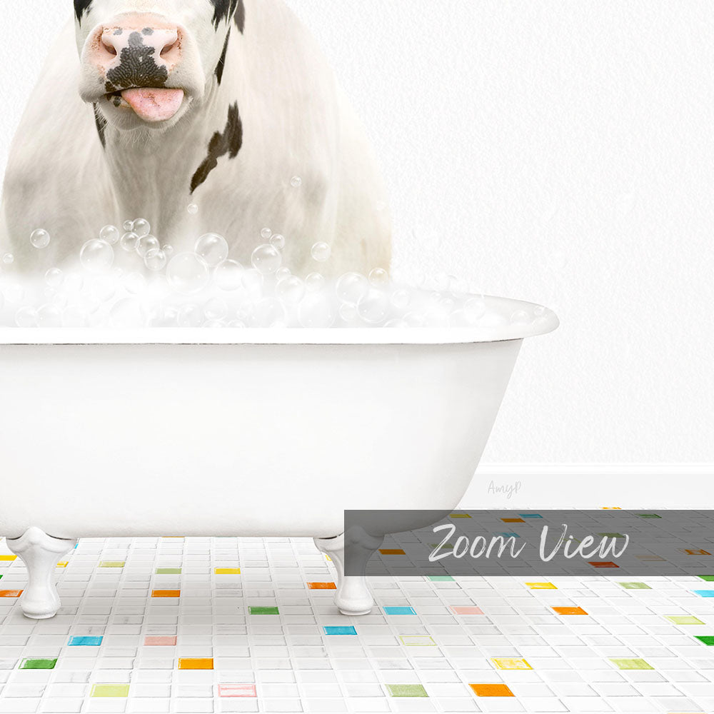 A cow is standing in a white bathtub filled with bubbles, creating a whimsical and playful scene.