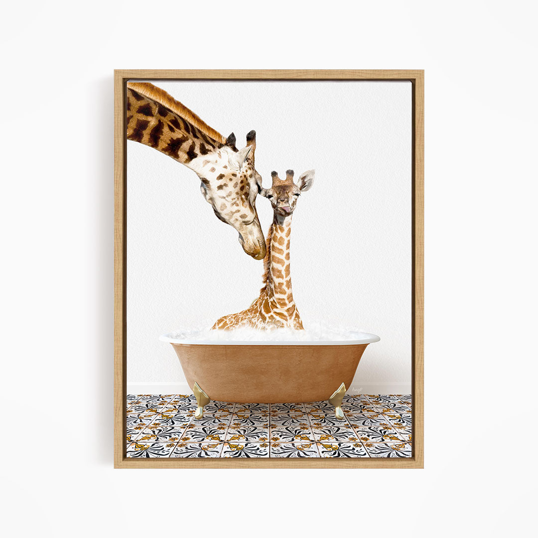 A mother giraffe and her baby giraffe are sitting together in a bathtub filled with water, with the mother gently licking her baby.