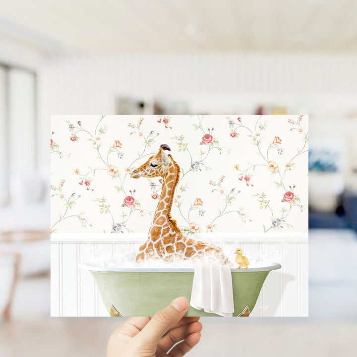 A giraffe sitting in a bathtub filled with water, surrounded by a floral pattern.