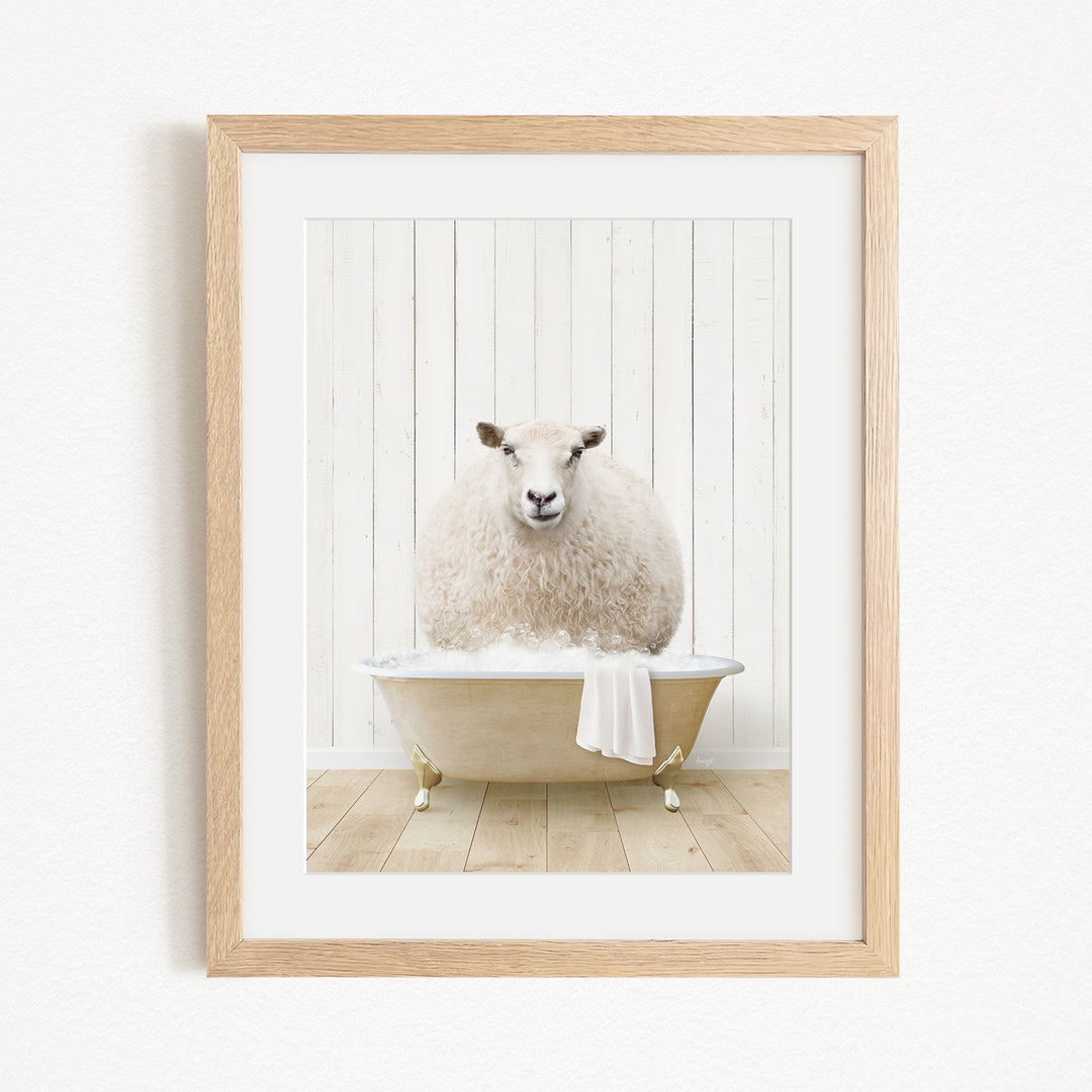 A fluffy white sheep sits in a bathtub filled with water, creating a whimsical and charming scene.