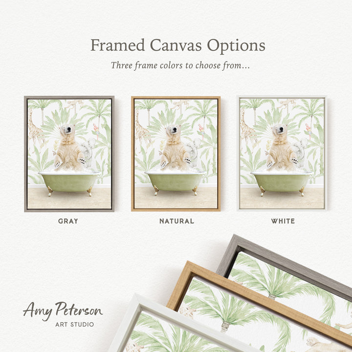 three framed canvas options, each featuring a different color and frame style. The options include a gray frame, a natural frame, and a white frame, each with a different background design.