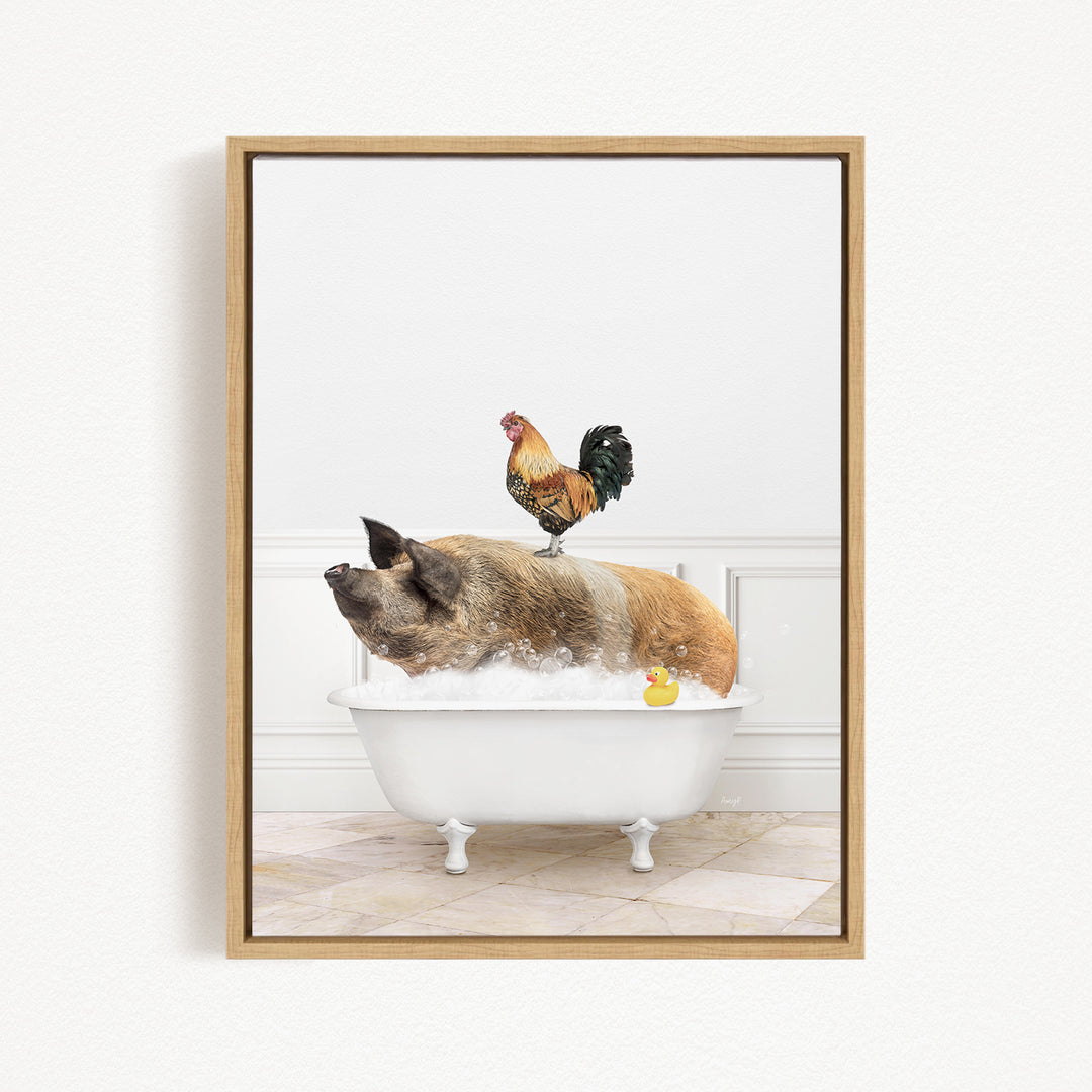 A rooster stands on a pig's back while the pig is sitting in a bathtub filled with water and bubbles.