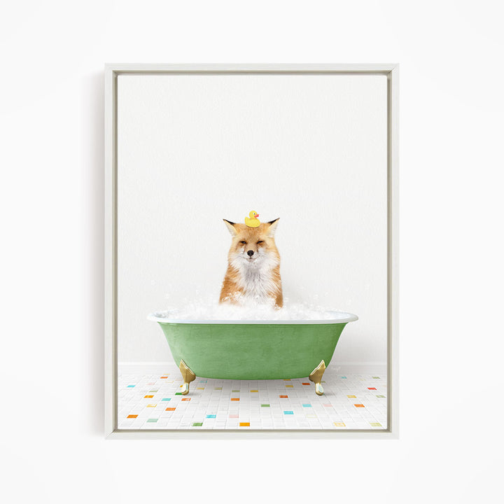A fox is sitting in a green bathtub filled with bubbles, with a group of yellow rubber ducks floating on the water.